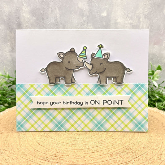 Birthday card with rhino illustrations and text 'hope your birthday is ON POINT' on a checkered background.