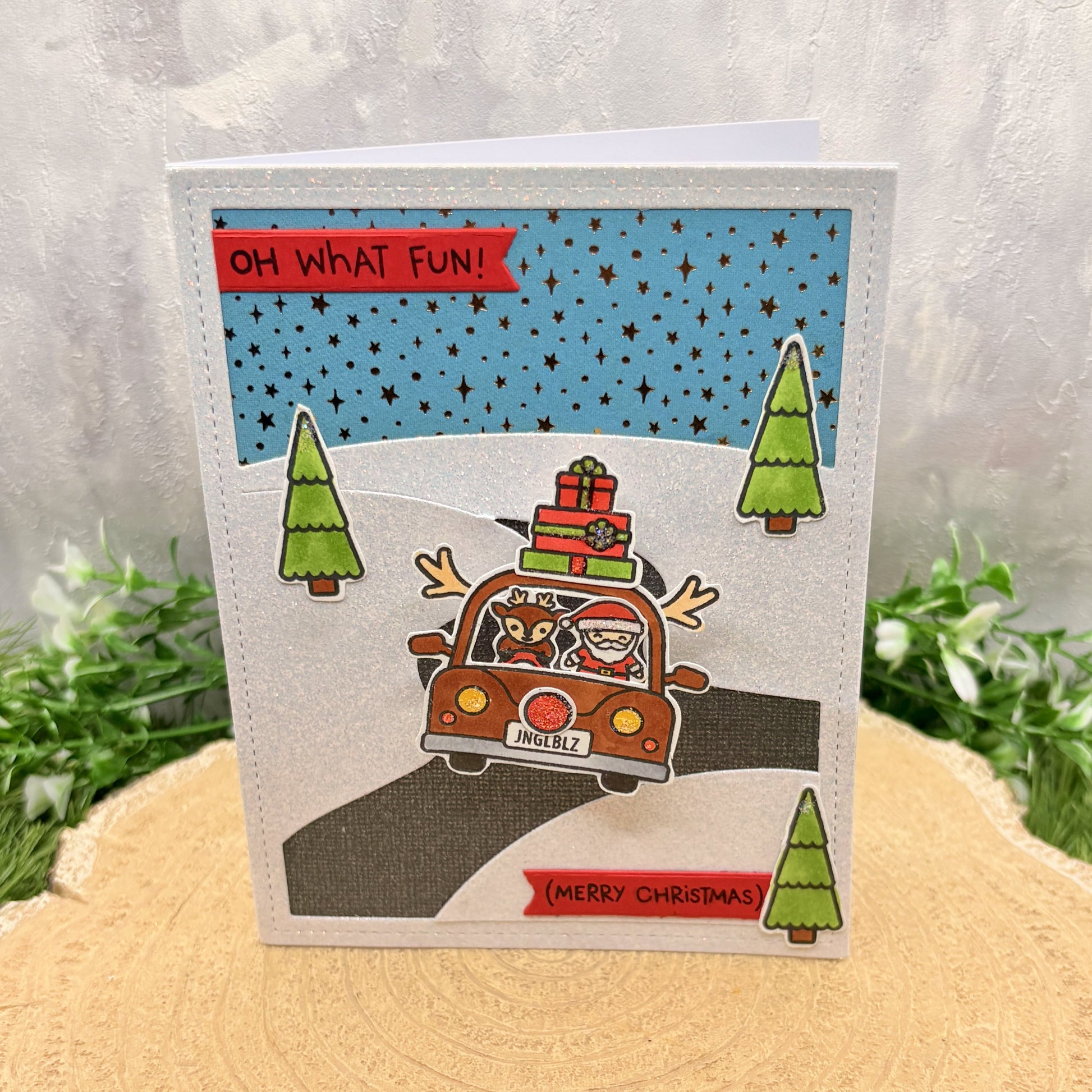 Santa In Reindeer Car Handmade Christmas Card-1