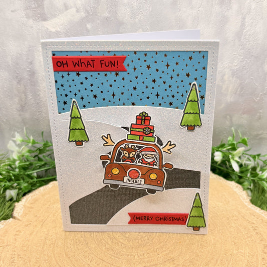 Santa In Reindeer Car Handmade Christmas Card-1