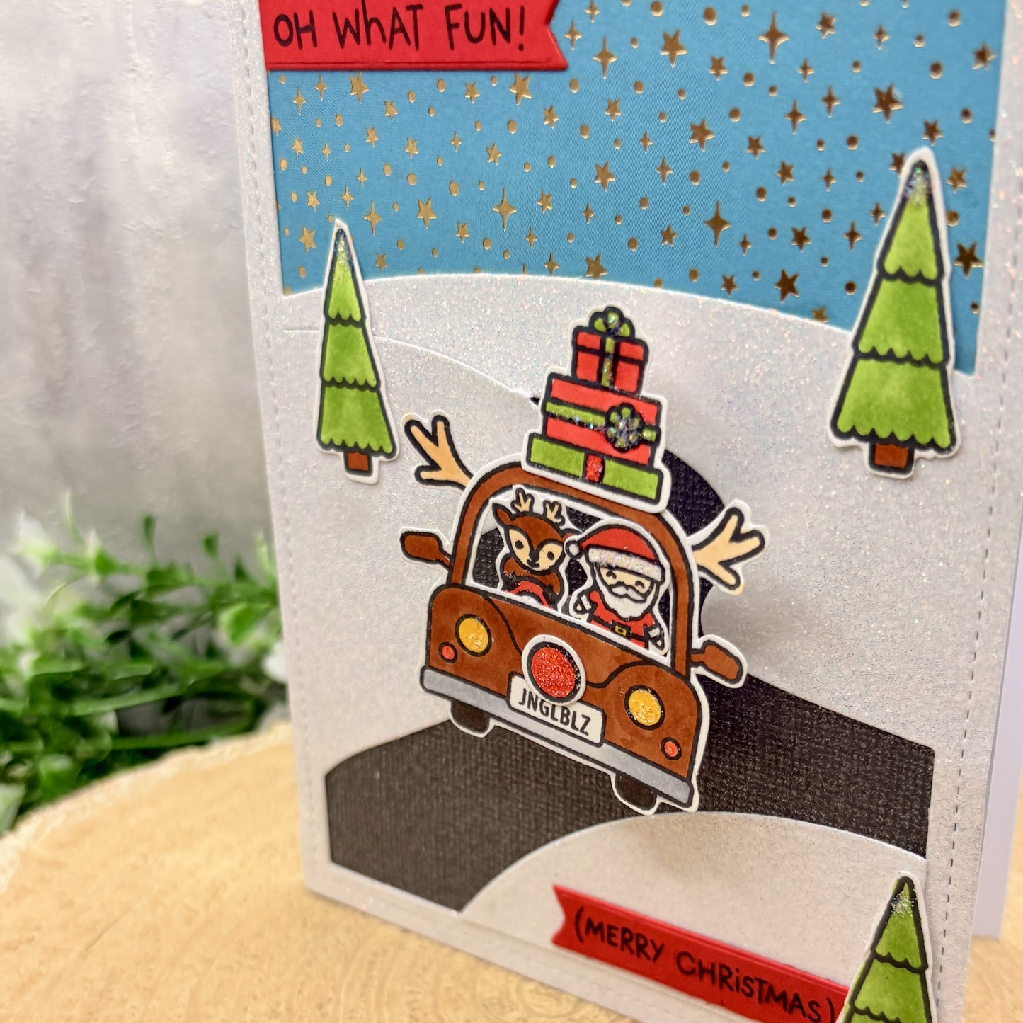 Santa In Reindeer Car Handmade Christmas Card-2