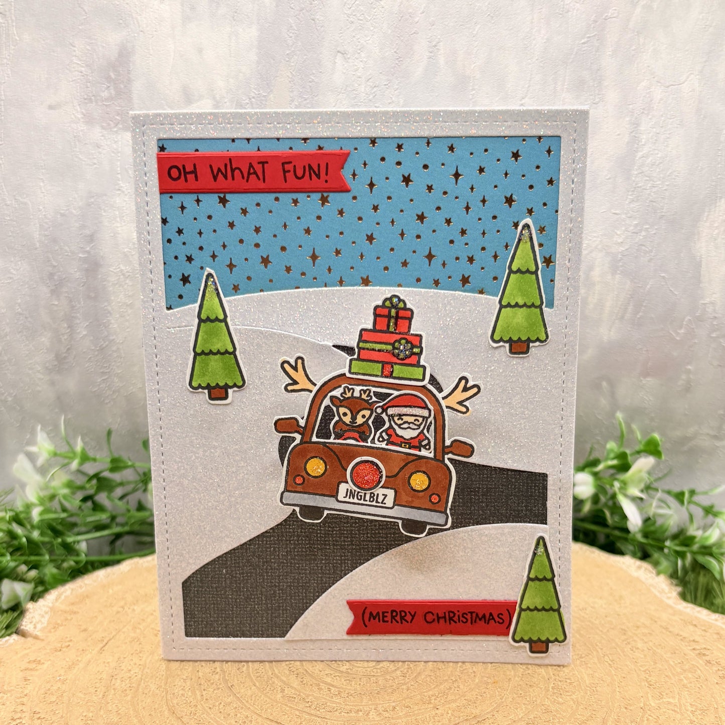 Santa In Reindeer Car Handmade Christmas Card