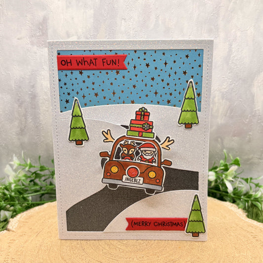 Santa In Reindeer Car Handmade Christmas Card