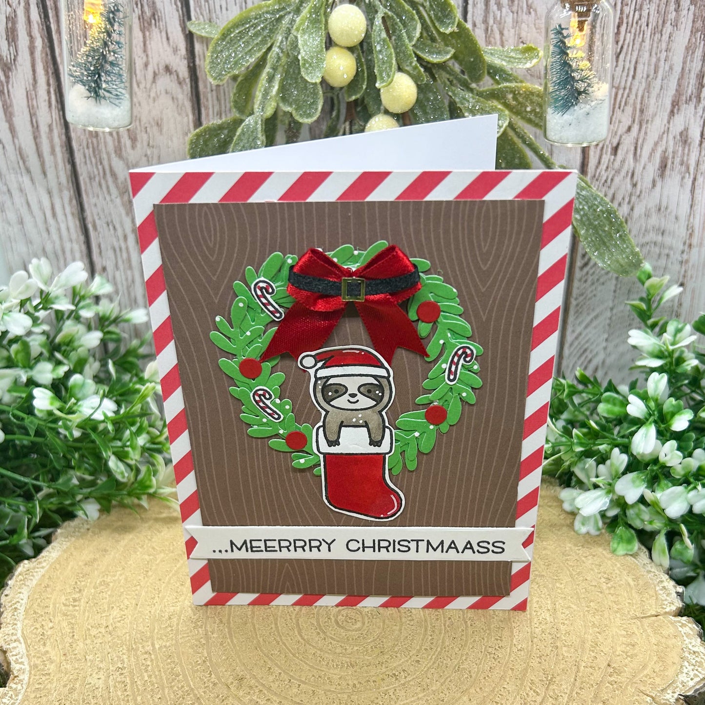 Santa Sloth Wreath Handmade Christmas Card-1