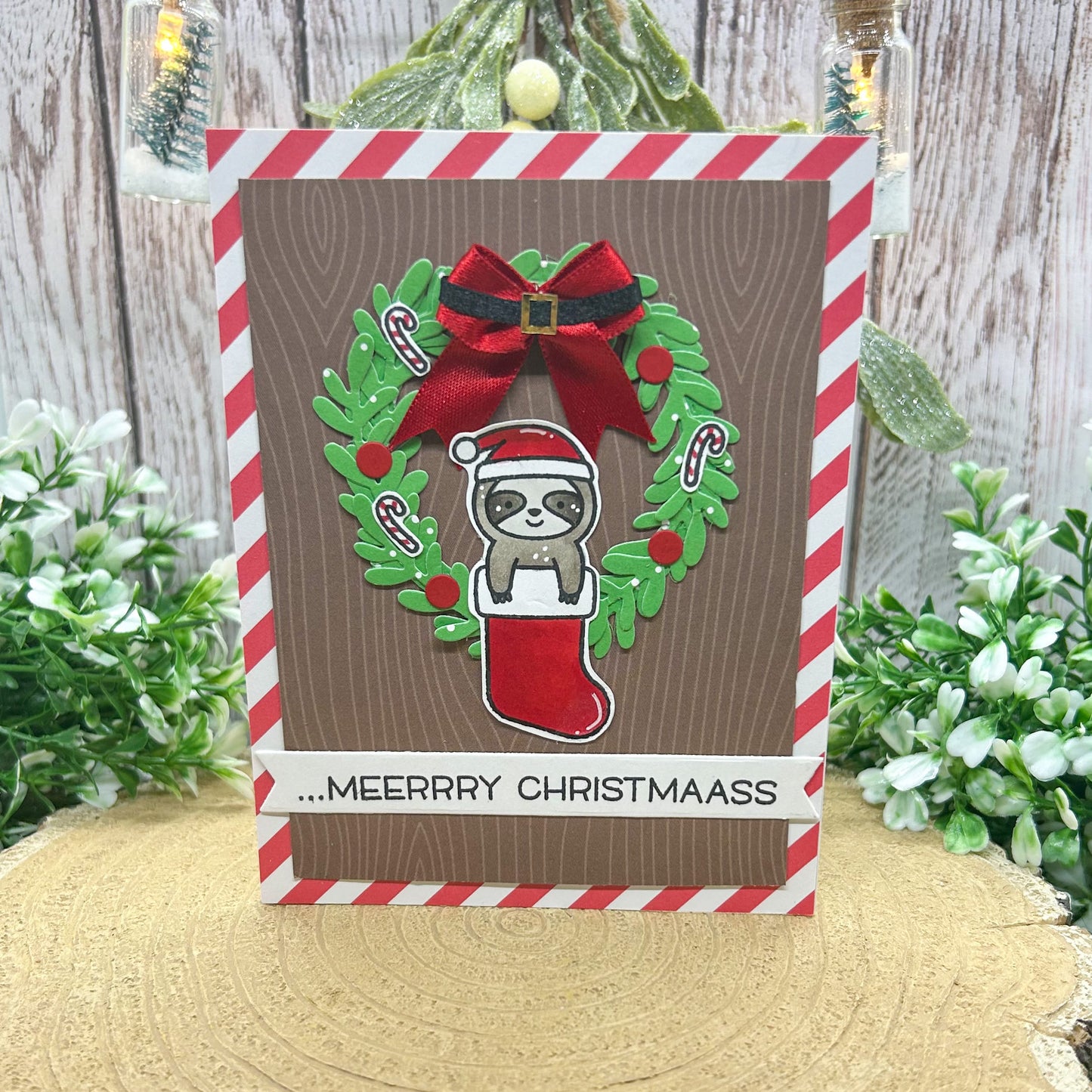 Santa Sloth Wreath Handmade Christmas Card