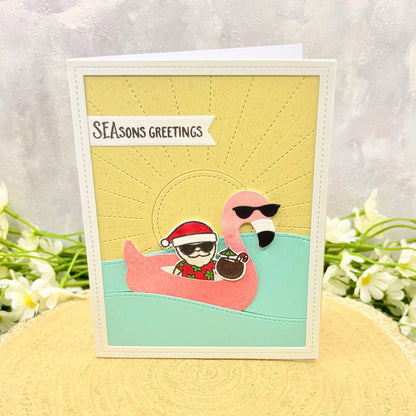 Santa in Flamingo Pool Float Handmade Christmas Card-1