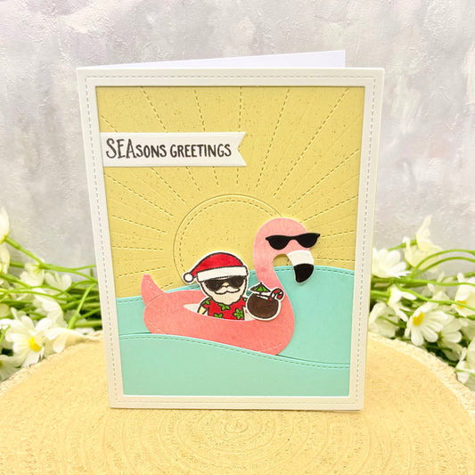 Santa in Flamingo Pool Float Handmade Christmas Card-1
