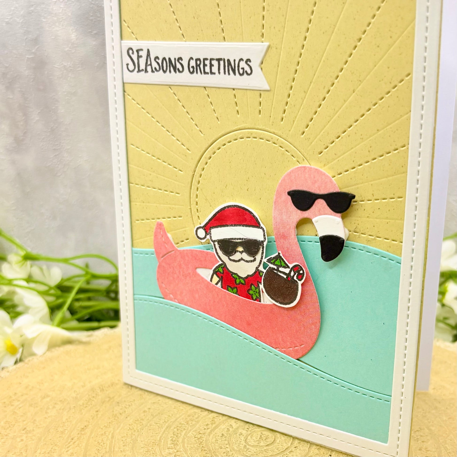 Santa in Flamingo Pool Float Handmade Christmas Card-2