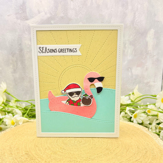 Santa in Flamingo Pool Float Handmade Christmas Card