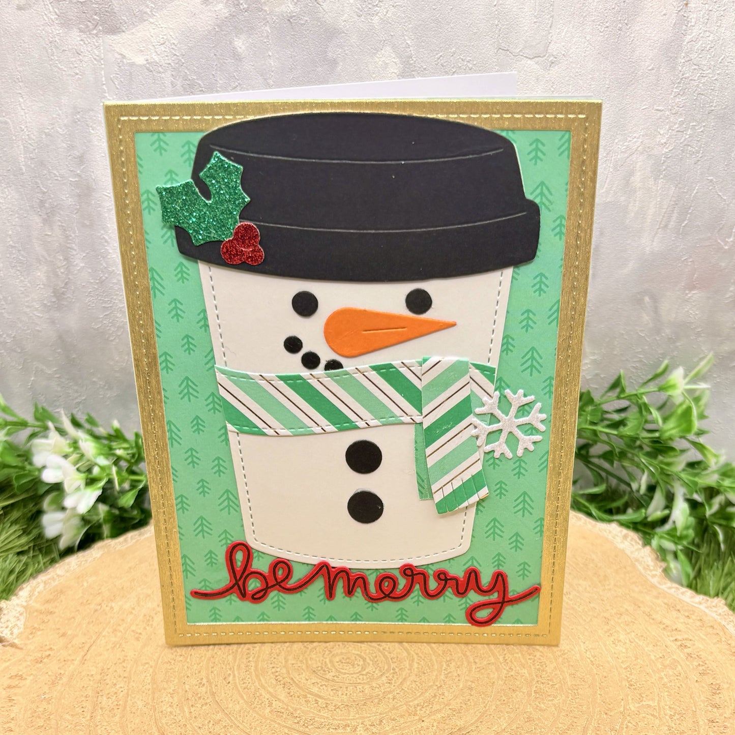 Snowman Travel Cup Handmade Christmas Card-1