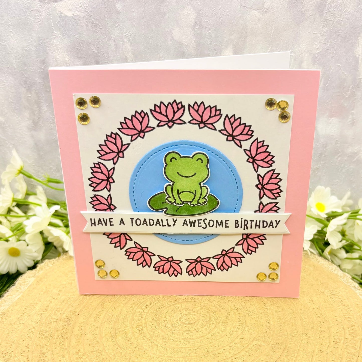 Toad & Pink Water Lily Handmade Birthday Card-1