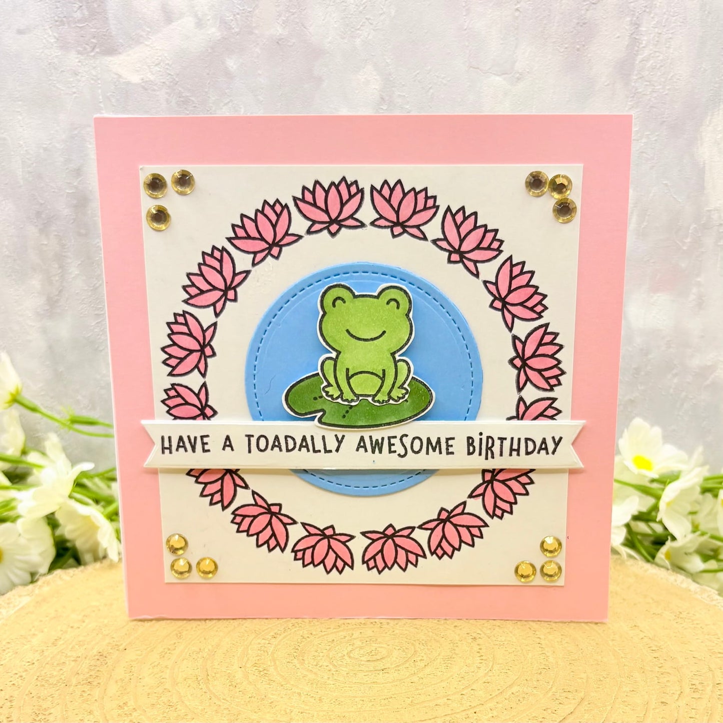 Toad & Pink Water Lily Handmade Birthday Card