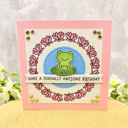 Toad & Pink Water Lily Handmade Birthday Card