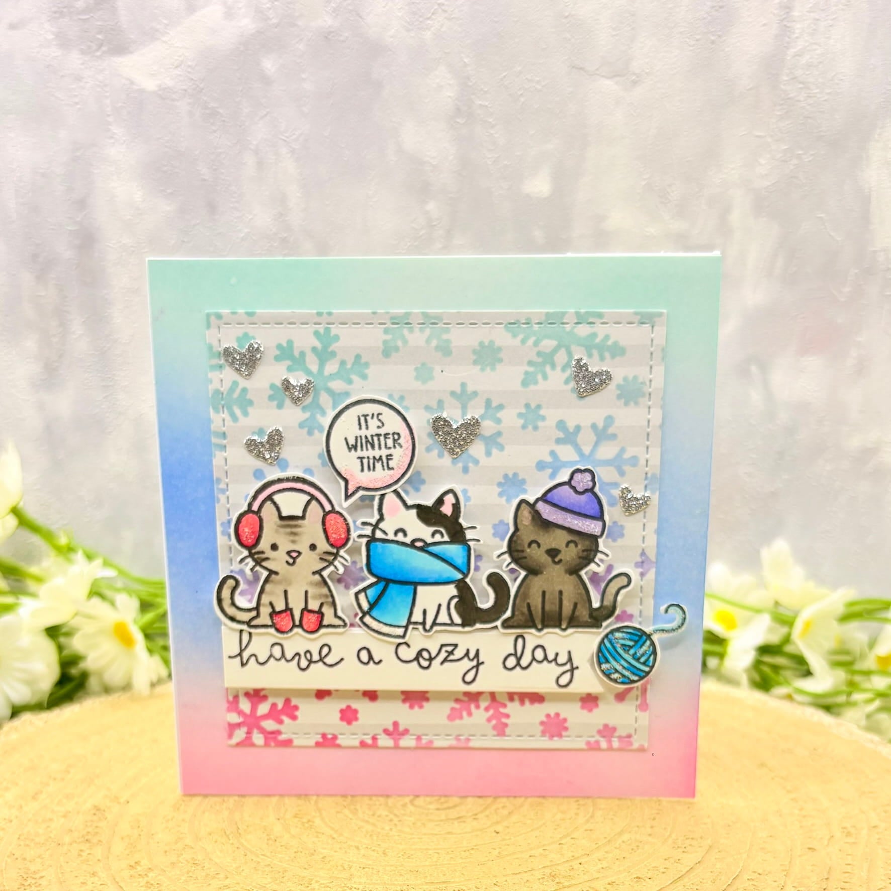 Winter Cosy Cats Handmade Christmas Card