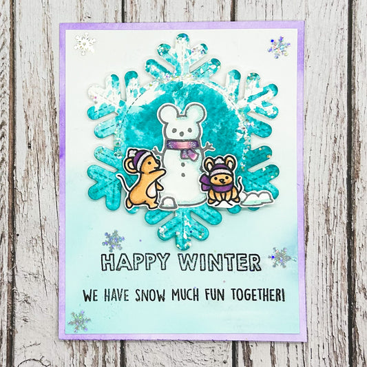 Happy Winter Mice Building Snowman Handmade Christmas Card