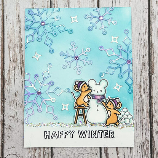 Mice Building Snowman Happy Winter Handmade Christmas Card