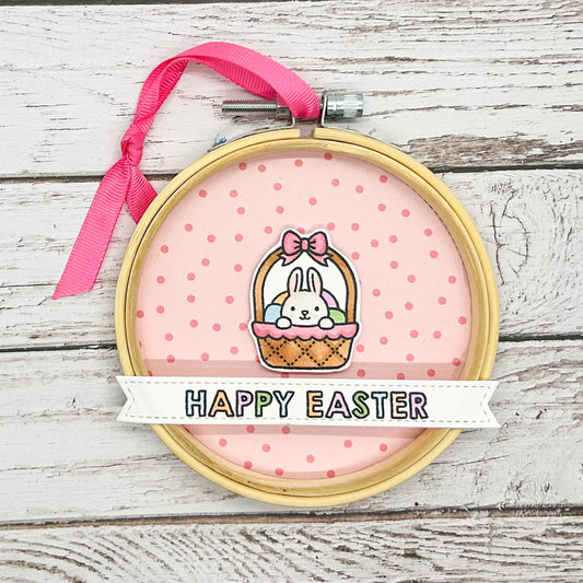 Pink Easter Bunny Basket Embroidery Hoop Hanging Ornament