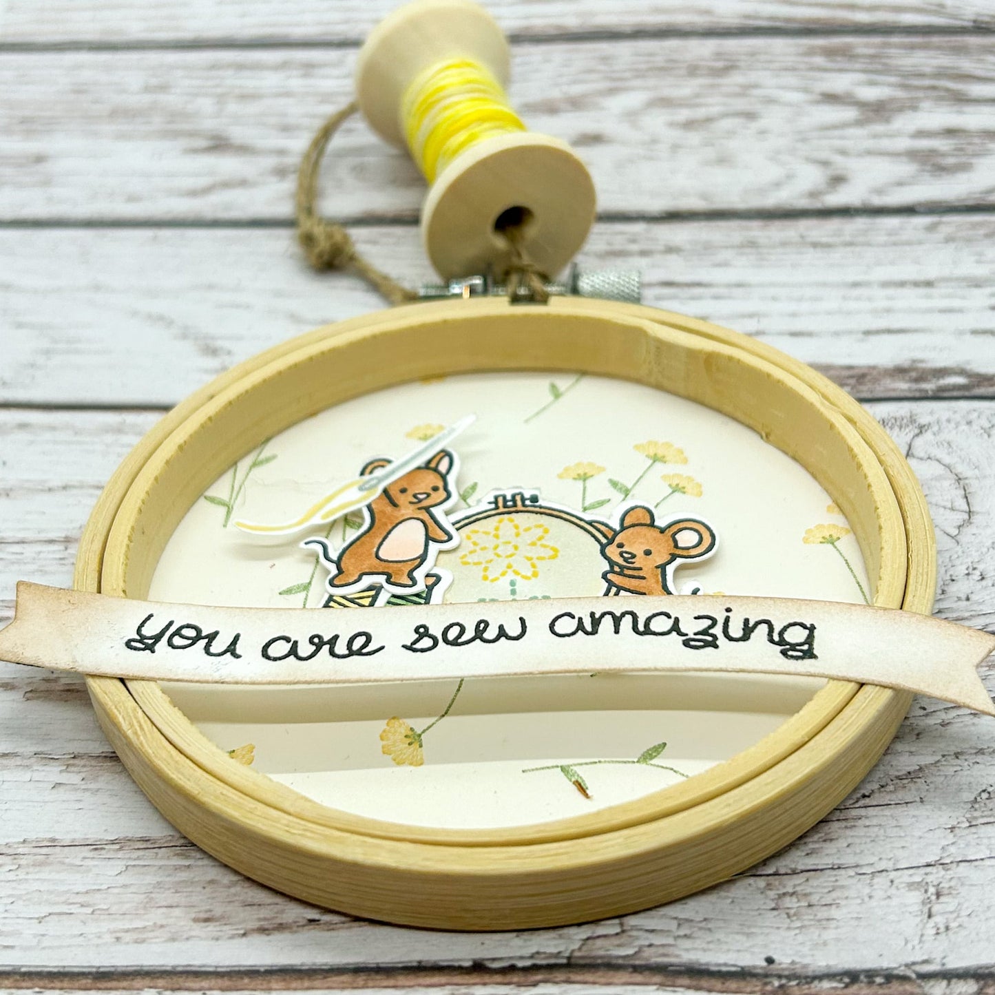 Yellow Flower Mice Sew Amazing Embroidery Hoop Hanging Ornament-1