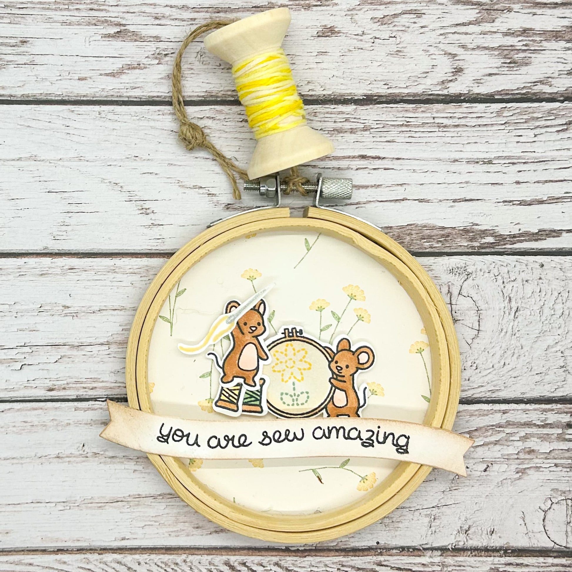 Yellow Flower Mice Sew Amazing Embroidery Hoop Hanging Ornament