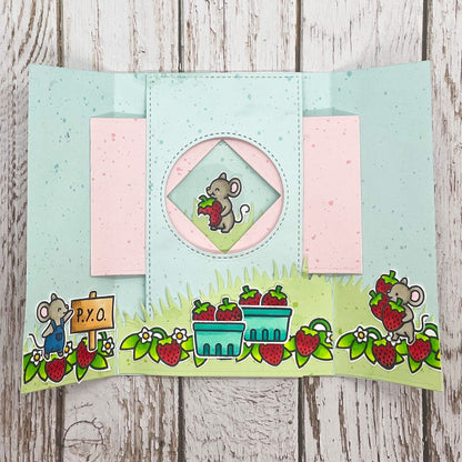 Mice & Strawberries Centre Opening Reveal Handmade Card
